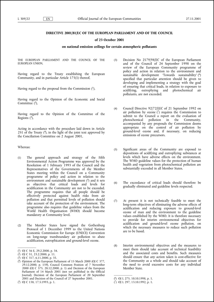 Directive 2001/81/EC of the European Parliament and of the Council of 23 October 2001 on national emission ceilings for certain atmospheric pollutants