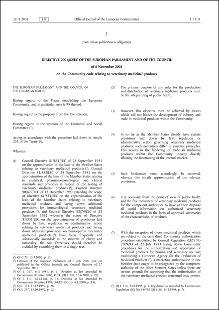 Directive 2001/82/EC of the European Parliament and of the Council of 6 November 2001 on the Community code relating to veterinary medicinal products