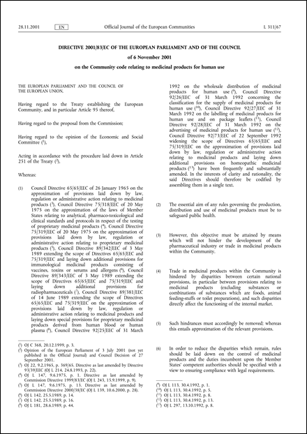 Directive 2001/83/EC of the European Parliament and of the Council of 6 November 2001 on the Community code relating to medicinal products for human use