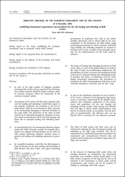 Directive 2001/96/EC of the European Parliament and of the Council of 4 December 2001 establishing harmonised requirements and procedures for the safe loading and unloading of bulk carriers (Text with EEA relevance)
