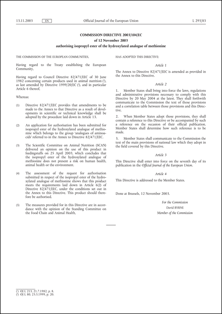 Commission Directive 2003/104/EC of 12 November 2003 authorising isopropyl ester of the hydroxylated analogue of methionine