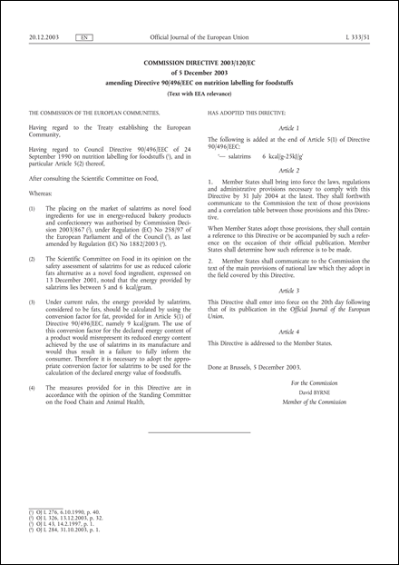 Commission Directive 2003/120/EC of 5 December 2003 amending Directive 90/496/EEC on nutrition labelling for foodstuffs (Text with EEA relevance)