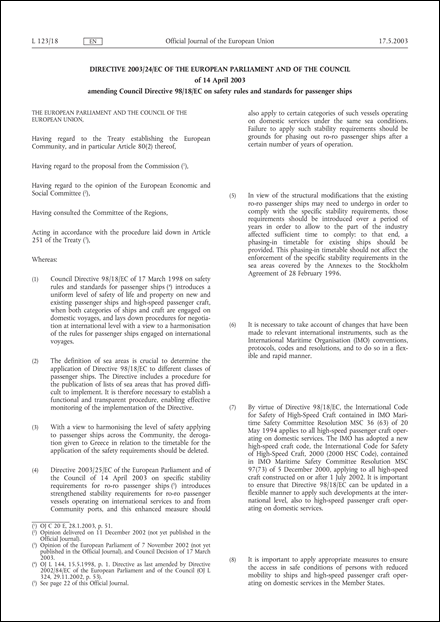 Directive 2003/24/EC of the European Parliament and of the Council of 14 April 2003 amending Council Directive 98/18/EC on safety rules and standards for passenger ships