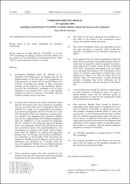 Commission Directive 2003/81/EC of 5 September 2003 amending Council Directive 91/414/EEC to include molinate, thiram and ziram as active substances (Text with EEA relevance)