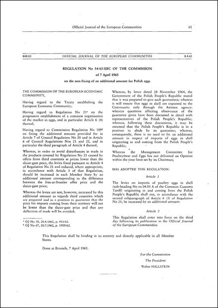 Regulation No 54/65/EEC of the Commission of 7 April 1965 on the non-fixing of an additional amount for Polish eggs