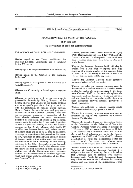 Regulation (EEC) No 803/68 of the Council of 27 June 1968 on the valuation of goods for customs purposes