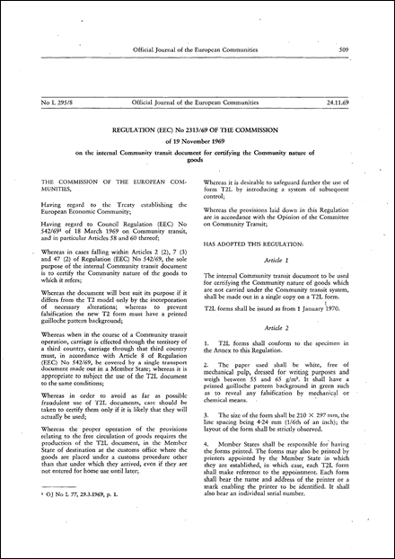 Regulation (EEC) No 2313/69 of the Commission of 19 November 1969 on the internal Community transit document for certifying the Community nature of goods (repealed)