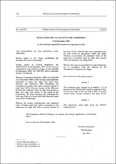 Regulation (EEC) No 2571/69 of the Commission of 22 December 1969 on the reductions applicable to prices for sugar beet in Italy (repealed)