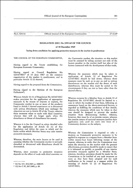 Regulation (EEC) No 2595/69 of the Council of 18 December 1969 laying down conditions for applying protective measures in the market in poultrymeat (repealed)