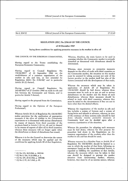 Regulation (EEC) No 2596/69 of the Council of 18 December 1969 laying down conditions for applying protective measures in the market in olive oil