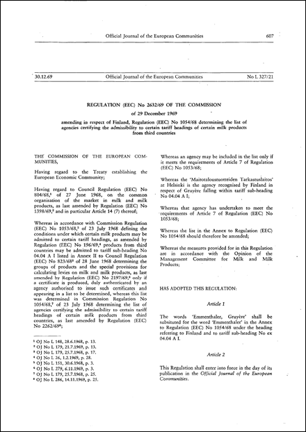 Regulation (EEC) No 2632/69 of the Commission of 29 December 1969 amending, in respect of Finland, Regulation (EEC) No 1054/68 determining the list of agencies certifying the admissibility to certain tariff headings of certain milk products from third countries