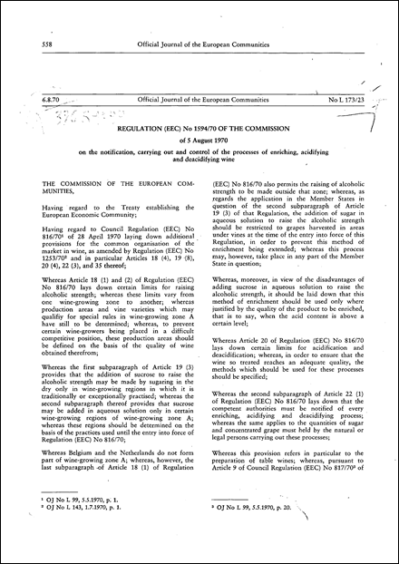 Regulation (EEC) No 1594/70 of the Commission of 5 August 1970 on the notification, carrying out and control of the processes of enriching, acidifying and deacidifying wine (repealed)
