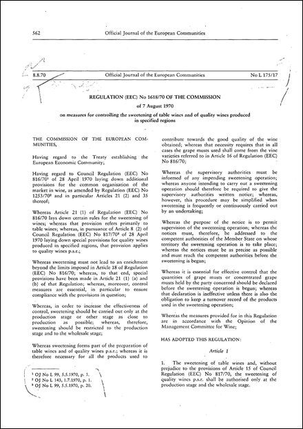 Regulation (EEC) No 1618/70 of the Commission of 7 August 1970 on measures for controlling the sweetening of table wines and of quality wines produced in specified regions (repealed)