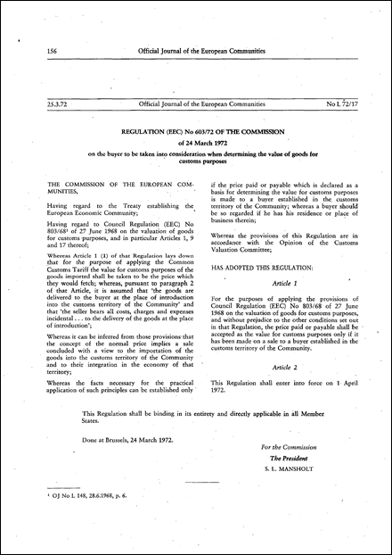 Regulation (EEC) No 603/72 of the Commission of 24 March 1972 on the buyer to be taken into consideration when determining the value of goods for customs purposes