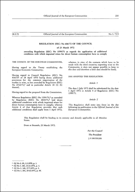 Regulation (EEC) No 606/72 of the Council of 23 March 1972 amending Regulation (EEC) No 1599/71 as regards the application of additional conditions with which imported wines for direct human consumption have to comply