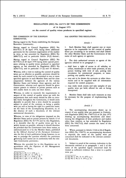 Regulation (EEC) No 2247/73 of the Commission of 16 August 1973 on the control of quality wines produced in specified regions