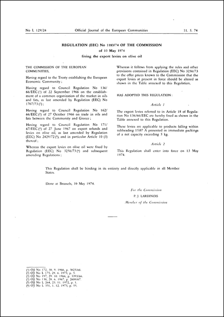 Regulation (EEC) No 1183/74 of the Commission of 10 May 1974 fixing the export levies on olive oil