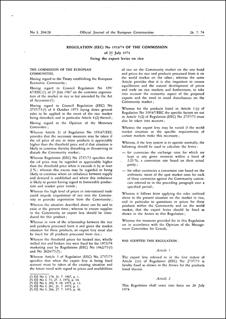 Regulation (EEC) No 1953/74 of the Commission of 25 July 1974 fixing the export levies on rice