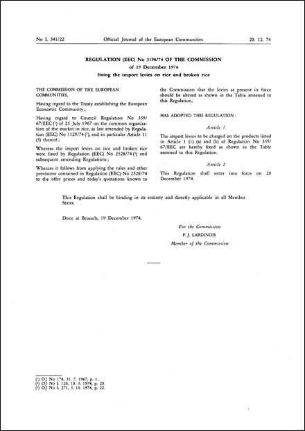 Regulation (EEC) No 3198/74 of the Commission of 19 December 1974 fixing the import levies on rice and broken rice