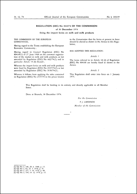 Regulation (EEC) No 3310/74 of the Commission of 30 December 1974 fixing the import levies on milk and milk products