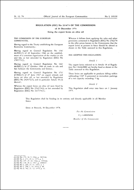 Regulation (EEC) No 3314/74 of the Commission of 30 December 1974 fixing the export levies on olive oil