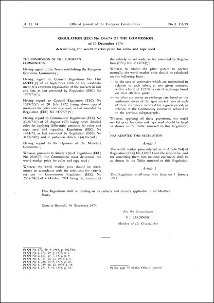Regulation (EEC) No 3316/74 of the Commission of 30 December 1974 determining the world market price for colza and rape seed