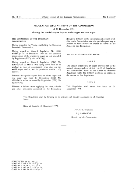 Regulation (EEC) No 3321/74 of the Commission of 30 December 1974 altering the special export levy on white sugar and raw sugar