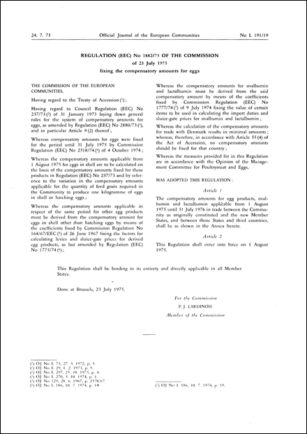 Regulation (EEC) No 1882/75 of the Commission of 23 July 1975 fixing the compensatory amounts for eggs