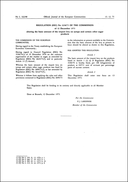 Regulation (EEC) No 3258/75 of the Commission of 12 December 1975 altering the basic amount of the import levy on syrups and certain other sugar products