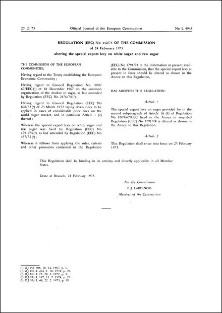 Regulation (EEC) No 442/75 of the Commission of 24 February 1975 altering the special export levy on white sugar and raw sugar
