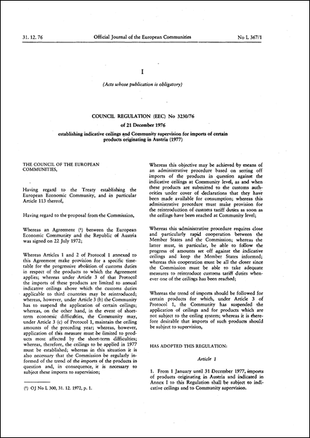 Council Regulation (EEC) No 3230/76 of 21 December 1976 establishing indicative ceilings and Community supervision for imports of certain products originating in Austria (1977)