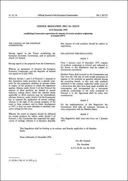 Council Regulation (EEC) No 3232/76 of 21 December 1976 establishing Community supervision for imports of certain products originating in Iceland (1977)