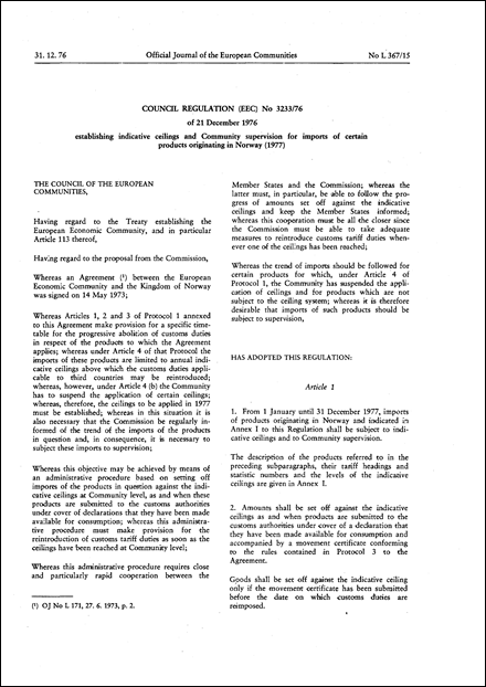 Council Regulation (EEC) No 3233/76 of 21 December 1976 establishing indicative ceilings and Community supervision for imports of certain products originating in Norway (1977)