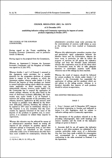 Council Regulation (EEC) No 3235/76 of 21 December 1976 establishing indicative ceilings and Community supervision for imports of certain products originating in Sweden (1977)