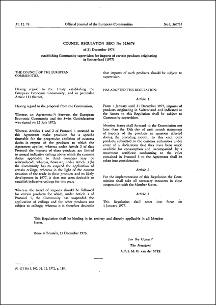 Council Regulation (EEC) No 3236/76 of 21 December 1976 establishing Community supervision for imports of certain products originating in Switzerland (1977)