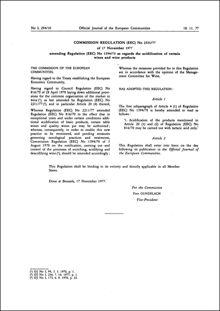 Commission Regulation (EEC) No 2531/77 of 17 November 1977 amending Regulation (EEC) No 1594/70 as regards the acidification of certain wines and wine products