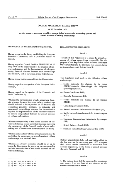 Council Regulation (EEC) No 2830/77 of 12 December 1977 on the measures necessary to achieve comparability between the accounting systems and annual accounts of railway undertakings (repealed)