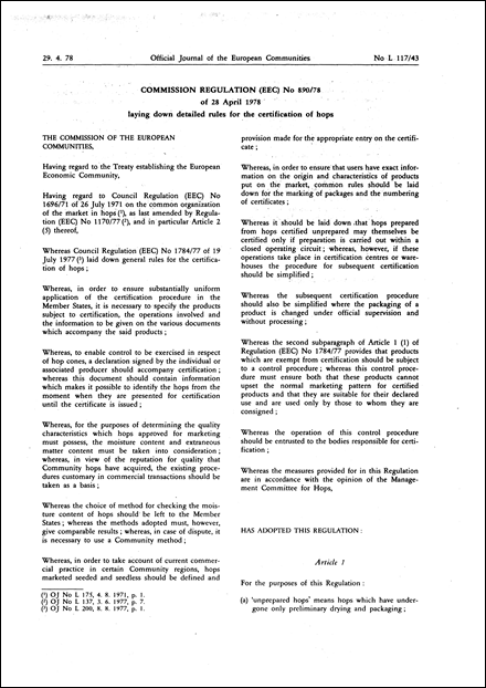 Commission Regulation (EEC) No 890/78 of 28 April 1978 laying down detailed rules for the certification of hops (repealed)