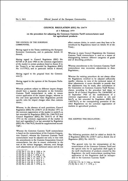 Council Regulation (EEC) No 234/79 of 5 February 1979 on the procedure for adjusting the Common Customs Tariff nomenclature used for agricultural products (repealed)