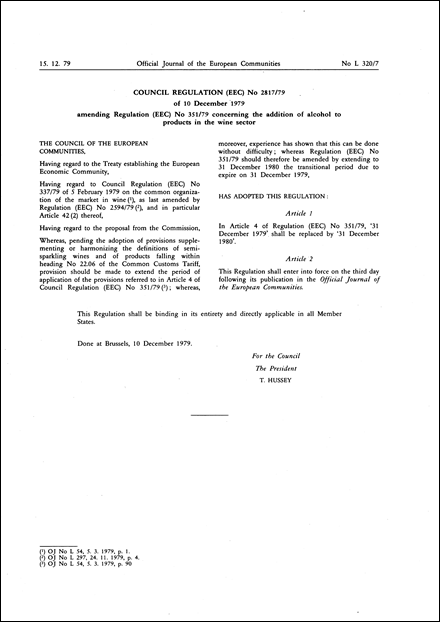 Council Regulation (EEC) No 2817/79 of 10 December 1979 amending Regulation (EEC) No 351/79 concerning the addition of alcohol to products in the wine sector