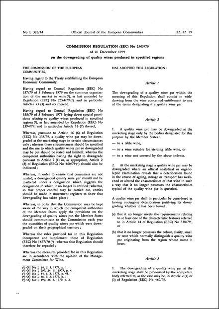 Commission Regulation (EEC) No 2903/79 of 20 December 1979 on the downgrading of quality wines produced in specified regions