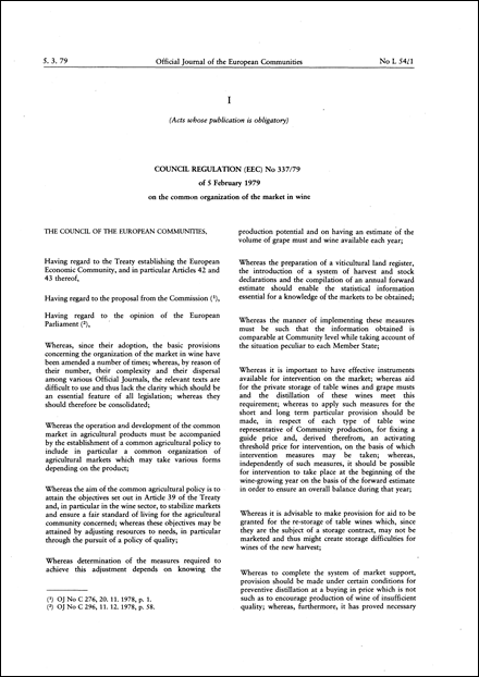 Council Regulation (EEC) No 337/79 of 5 February 1979 on the common organization of the market in wine