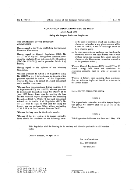 Commission Regulation (EEC) No 869/79 of 30 April 1979 fixing the import levies on isoglucose