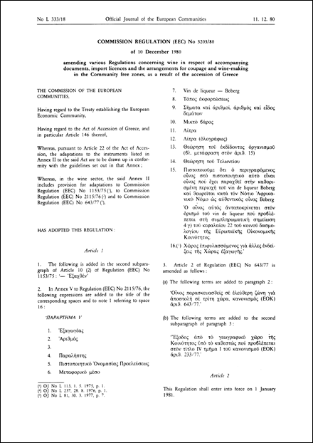 Commission Regulation (EEC) No 3203/80 of 10 December 1980 amending various Regulations concerning wine in respect of accompanying documents, import licences and the arrangements for coupage and wine- making in the Community free zones, as a result of the accession of Greece