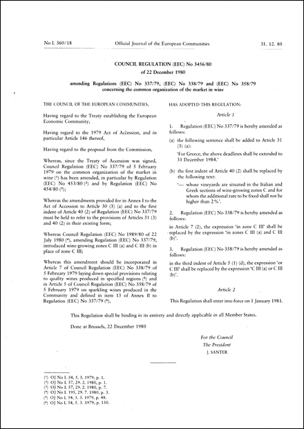 Council Regulation (EEC) No 3456/80 of 22 December 1980 amending Regulations (EEC) No 337/79, (EEC) No 338/79 and (EEC) No 358/79 concerning the common organization of the market in wine