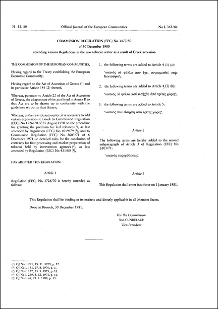 Commission Regulation (EEC) No 3477/80 of 30 December 1980 amending various Regulations in the raw tobacco sector as a result of Greek accession