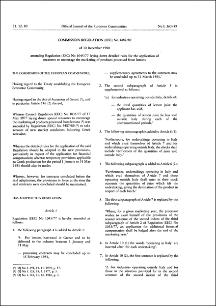Commission Regulation (EEC) No 3482/80 of 30 December 1980 amending Regulation (EEC) No 1045/77 laying down detailed rules for the application of measures to encourage the marketing of products processed from lemons