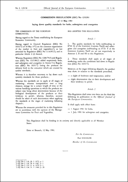 Commission Regulation (EEC) No 1292/81 of 12 May 1981 laying down quality standards for leeks, aubergines and courgettes (repealed)