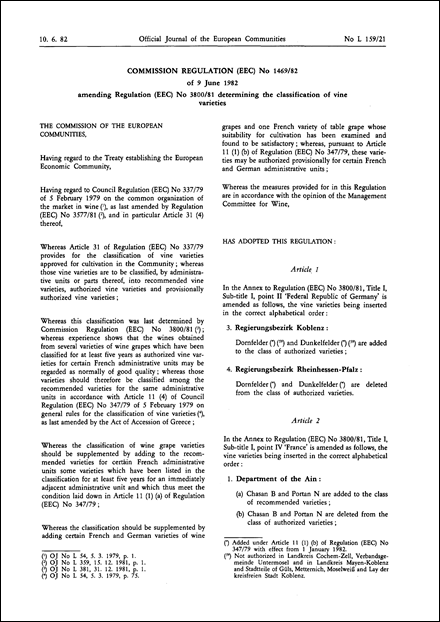Commission Regulation (EEC) No 1469/82 of 9 June 1982 amending Regulation (EEC) No 3800/81 determining the classification of vine varietiesc