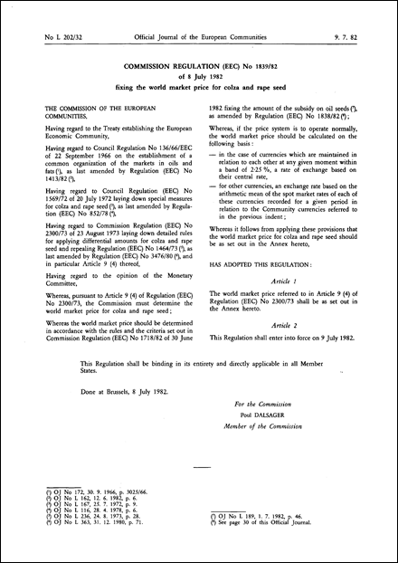 Commission Regulation (EEC) No 1839/82 of 8 July 1982 fixing the world market price for colza and rape seed